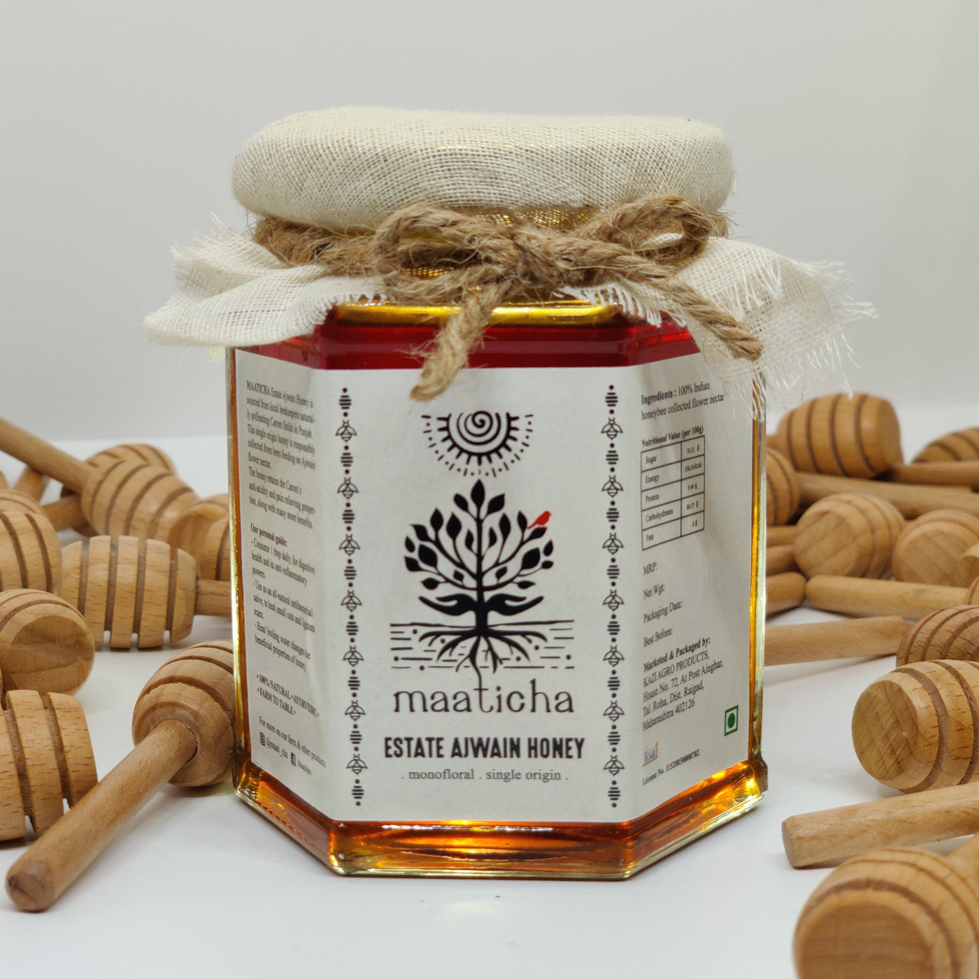 Estate Ajwain Honey is sourced from local beekeepers naturally pollinating Carom fields in Punjab. This honey retains the Carom's anti acidity and pain relieving properties, along with many more benefits.