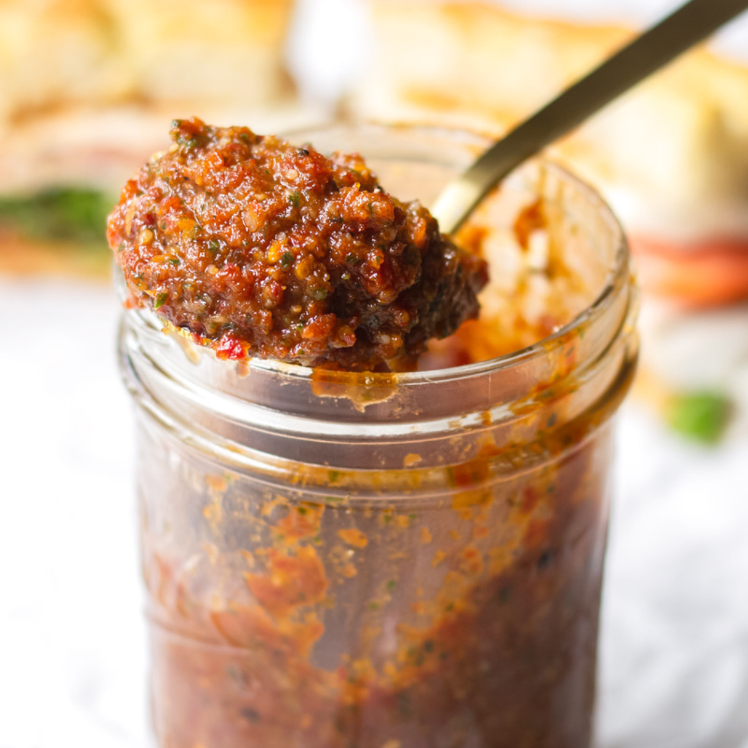 Sun-dried Tomato Pesto or Pesto Rosso is a delicious blend of sweet and tart sun-dried tomatoes, garlic, rosemary, roasted almonds and olive oil.