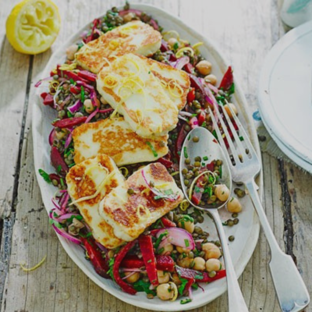 Lemony Chickpeas & Beetroot Salad with grilled Halloumi