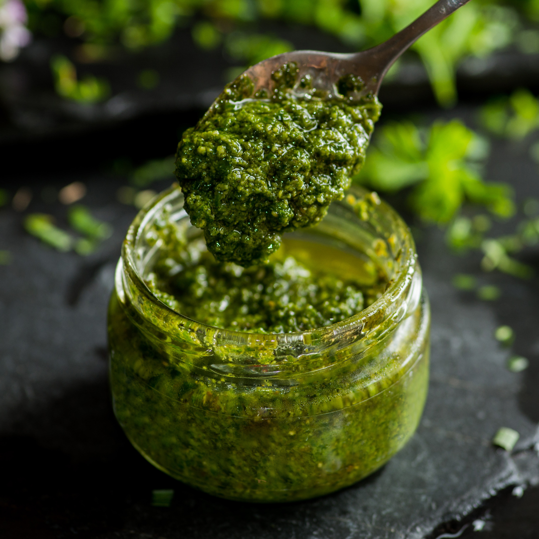 The Pesto is made in small batches using basil, walnuts, mature Manchego cheese, extra virgin olive oil and garlic.