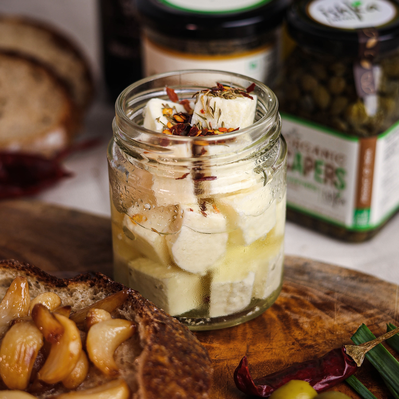 Brined Feta marinated in Olive oil with a blend of Thyme & Paprika. Available in 4 flavours.