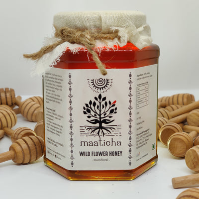 Wild Flower Honey is a multi-floral honey, responsibly collected from bees feeding on wild forest flowers nectar. It is locally sourced from tribal bee-keepers in the Western Ghats, Maharashtra. The honey is rich in bio-diverse vitamins, minerals and amino-acids, boosting good health with many benefits.